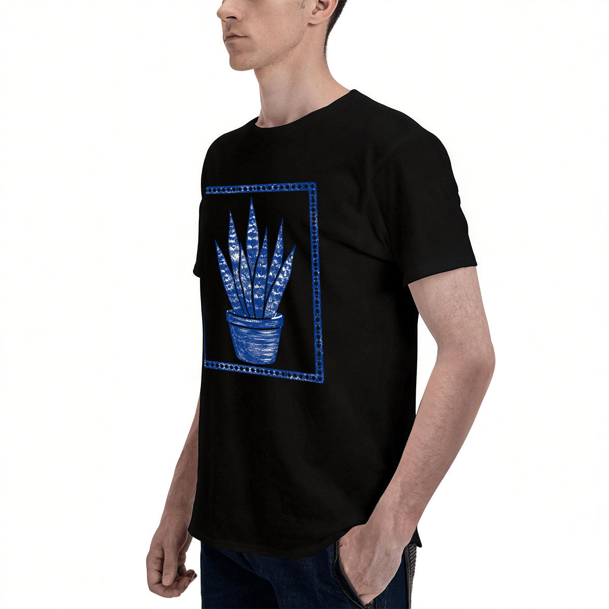 Men's Black T-Shirt with Blue Agave Plant Design, Soft Cotton, Perfect for Casual Wear or Gifts