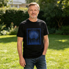 Men's Black T-Shirt with Blue Palm Leaf Design, Soft Cotton, Casual Wear for Summer or Gift