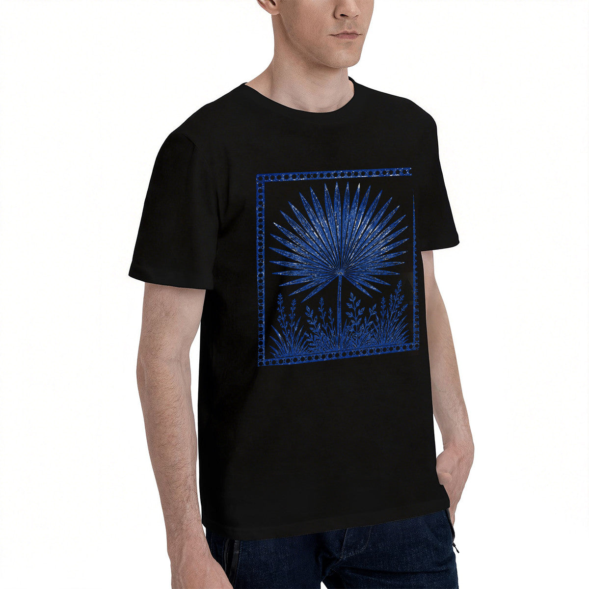 Men's Black T-Shirt with Blue Palm Leaf Design, Soft Cotton, Casual Wear for Summer or Gift