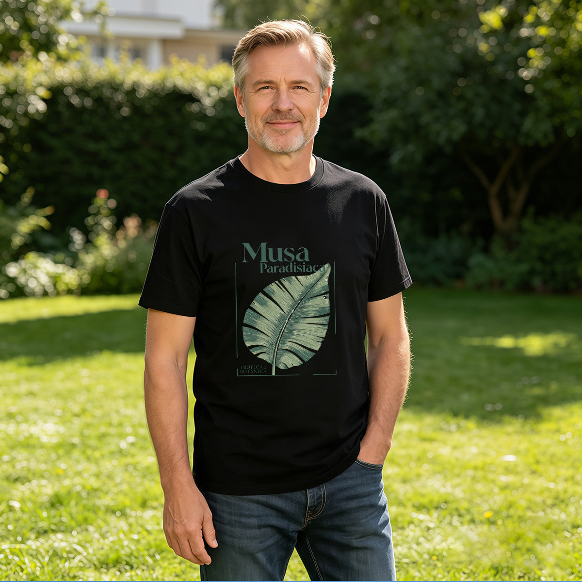 Men's Black Musa Paradisiaca Leaf T-Shirt, Tropical Botanical Design, Soft Cotton, Perfect for Summer Outfits