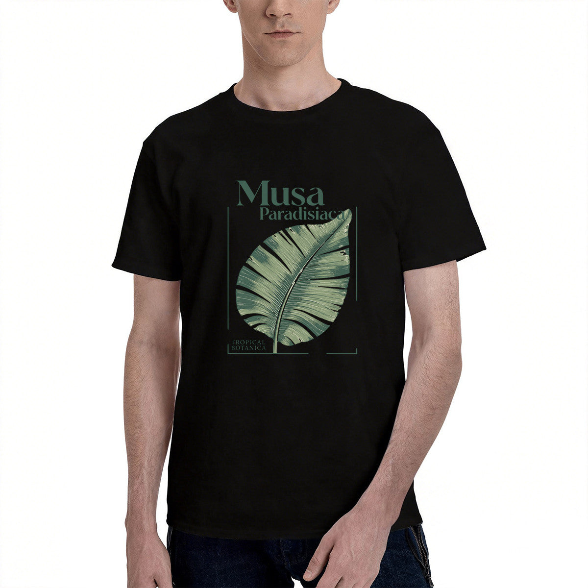 Men's Black Musa Paradisiaca Leaf T-Shirt, Tropical Botanical Design, Soft Cotton, Perfect for Summer Outfits