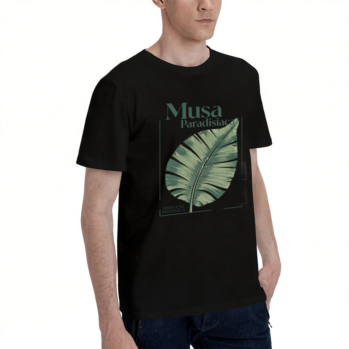 Men's Black Musa Paradisiaca Leaf T-Shirt, Tropical Botanical Design, Soft Cotton, Perfect for Summer Outfits