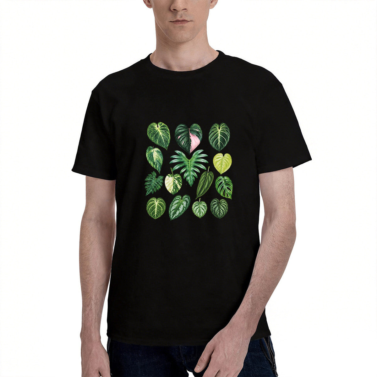 Men's Black T-Shirt with Vibrant Tropical Leaf Print, Soft Cotton Material, Perfect for Casual Wear or Gift