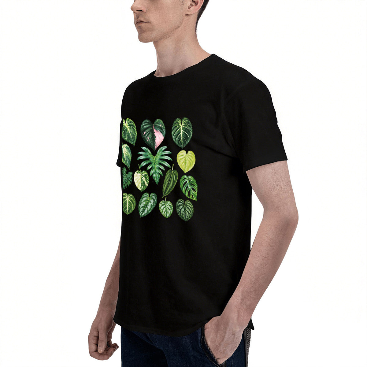 Men's Black T-Shirt with Vibrant Tropical Leaf Print, Soft Cotton Material, Perfect for Casual Wear or Gift