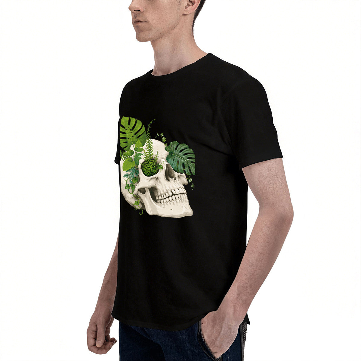 Men's Black T-Shirt with Unique Skull and Green Leaves Design, Soft Cotton Material, Perfect for Casual Wear or Gift