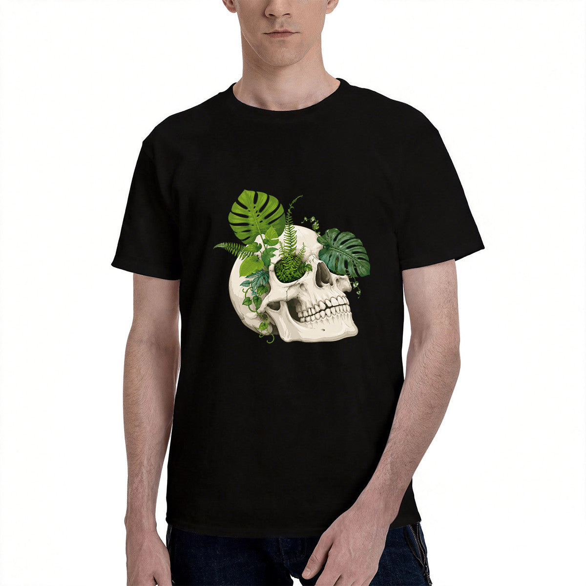 Men's Black T-Shirt with Unique Skull and Green Leaves Design, Soft Cotton Material, Perfect for Casual Wear or Gift