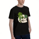 Men's Black T-Shirt with Unique Skull and Green Leaves Design, Soft Cotton Material, Perfect for Casual Wear or Gift