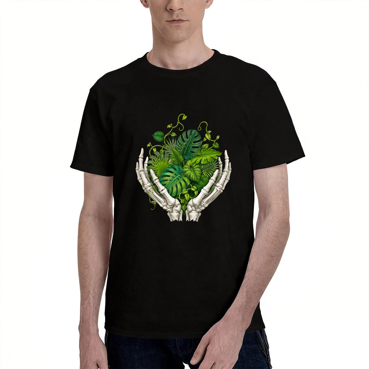 Men's Black T-Shirt with Surreal Skeleton Hands Holding Green Leaves Design, Soft Cotton Material, Perfect for Nature Lovers