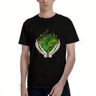 Men's Black T-Shirt with Surreal Skeleton Hands Holding Green Leaves Design, Soft Cotton Material, Perfect for Nature Lovers