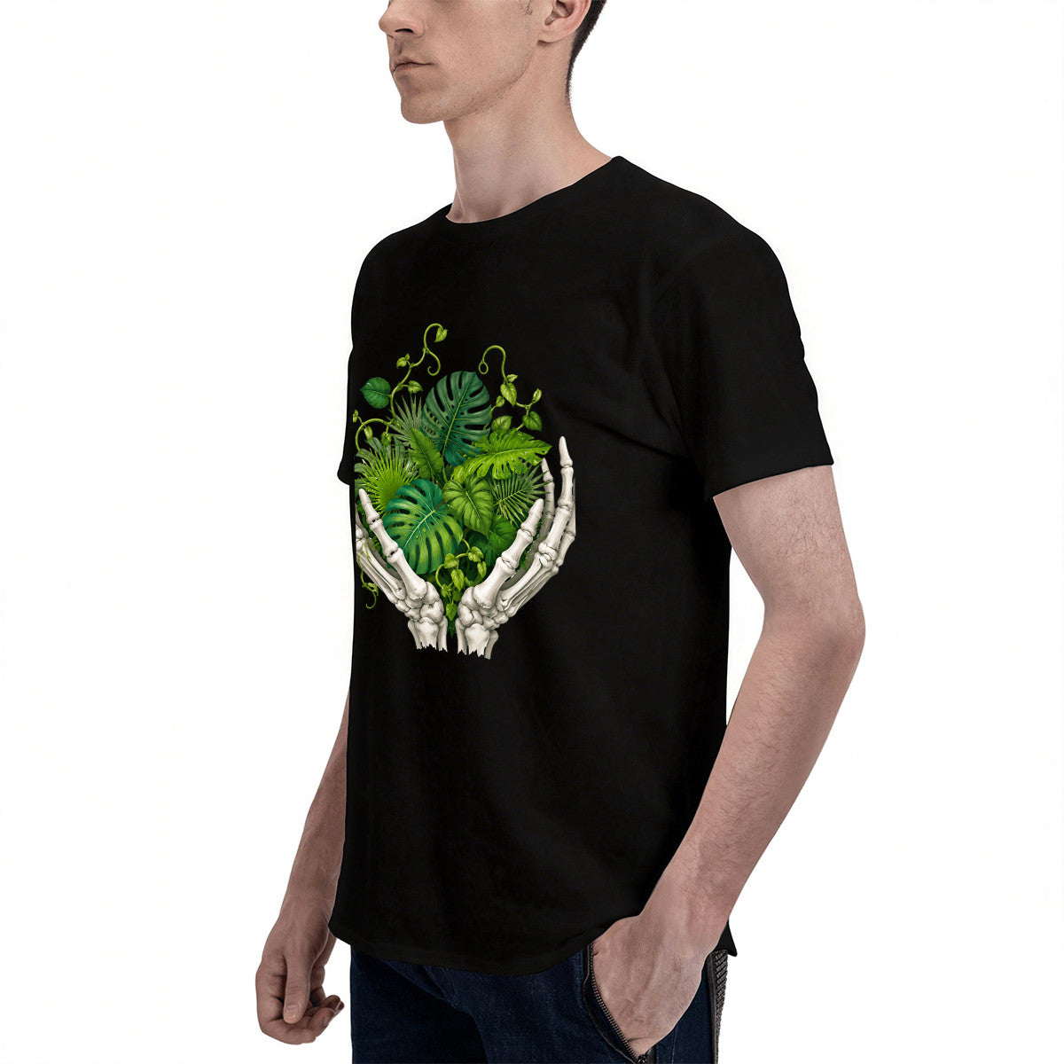 Men's Black T-Shirt with Surreal Skeleton Hands Holding Green Leaves Design, Soft Cotton Material, Perfect for Nature Lovers