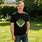 Men's Black T-Shirt with Surreal Skeleton Hands Holding Green Leaves Design, Soft Cotton Material, Perfect for Nature Lovers