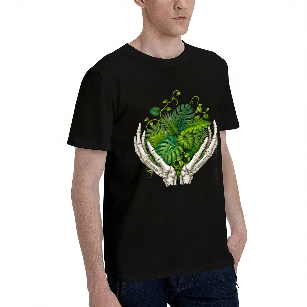 Men's Black T-Shirt with Surreal Skeleton Hands Holding Green Leaves Design, Soft Cotton Material, Perfect for Nature Lovers