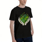 Men's Black T-Shirt with Surreal Skeleton Hands Holding Green Leaves Design, Soft Cotton Material, Perfect for Nature Lovers