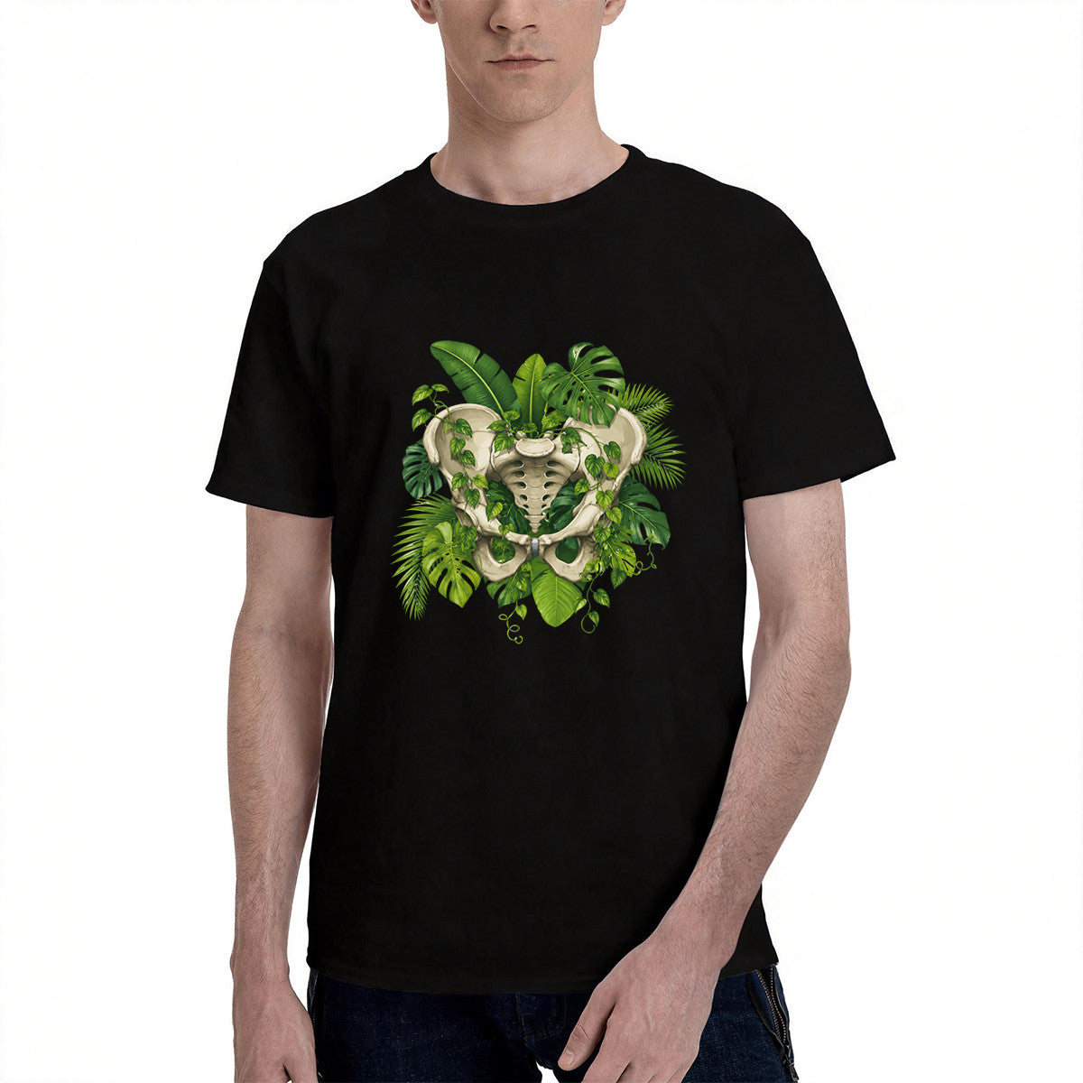 Unisex Black T-Shirt with Unique Tropical Pelvis Design, Soft Cotton Material, Perfect for Casual Wear or Gift