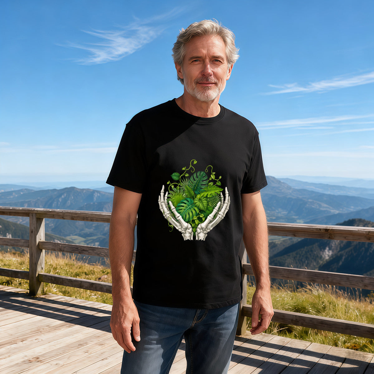 Men's Black T-Shirt with Surreal Skeleton Hands Holding Green Leaves Design, Soft Cotton Material, Perfect for Nature Lovers