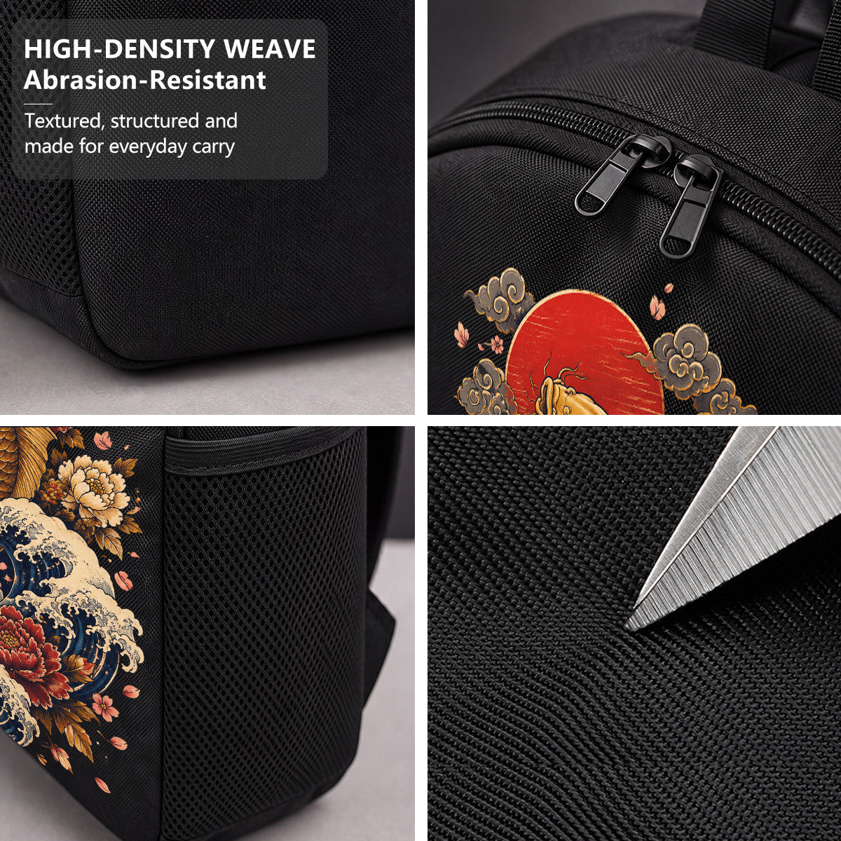 Japanese Koi Fish Backpack with Waves & Flowers Design, Durable High-Density Weave, Campus & Commute Ready
