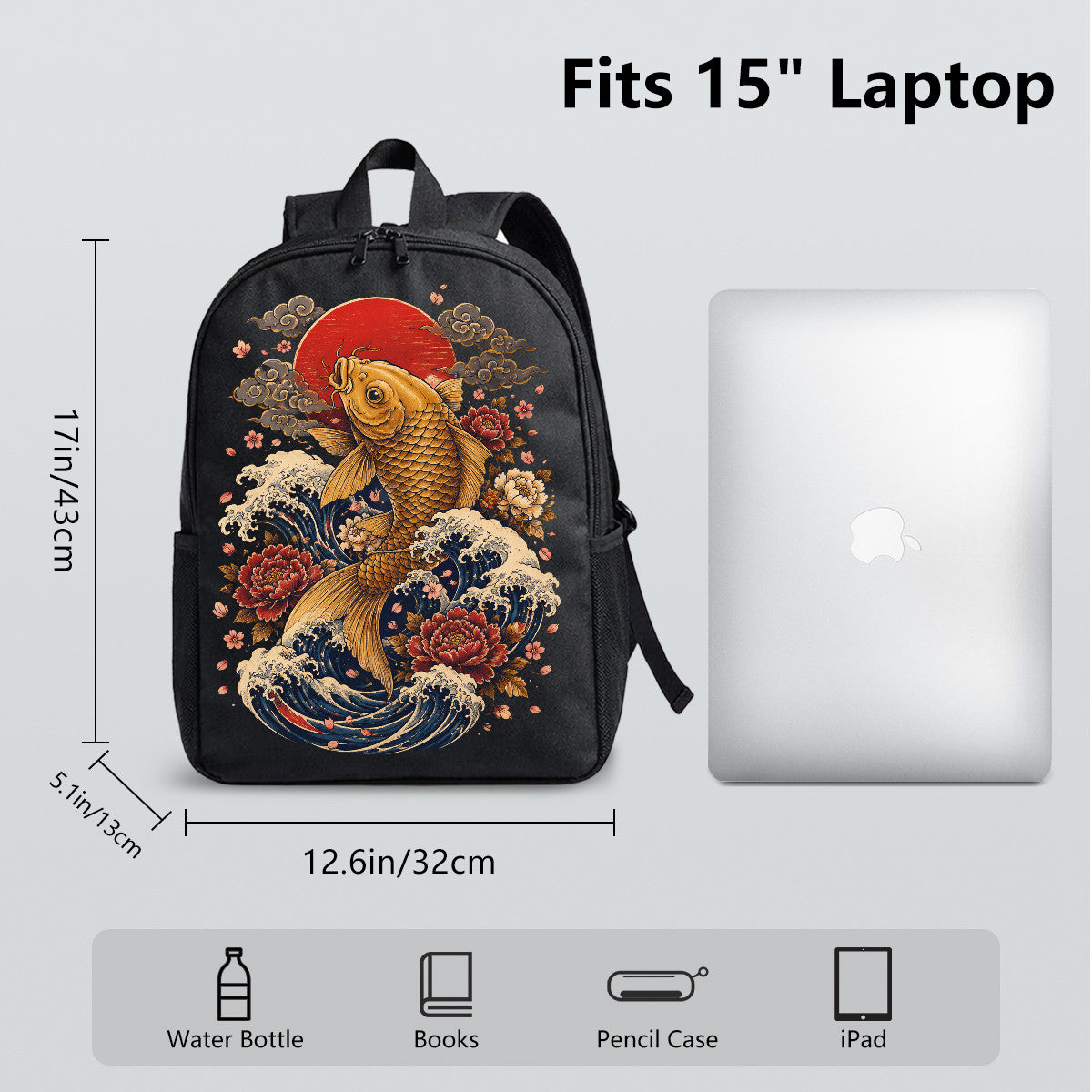 Japanese Koi Fish Backpack with Waves & Flowers Design, Durable High-Density Weave, Campus & Commute Ready