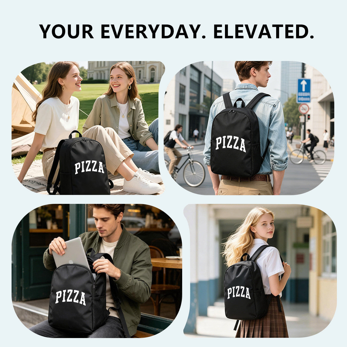 Black Pizza Text Backpack - Durable High-Density Weave, Campus & Commute Ready