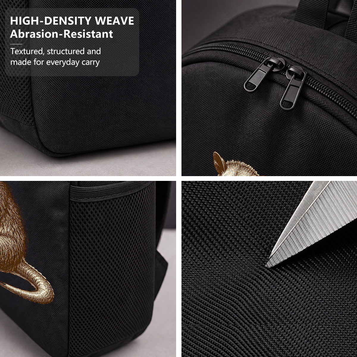 Black Backpack with Opossum & Strawberry Design, Durable High-Density Weave, Perfect for Campus & Commute in California
