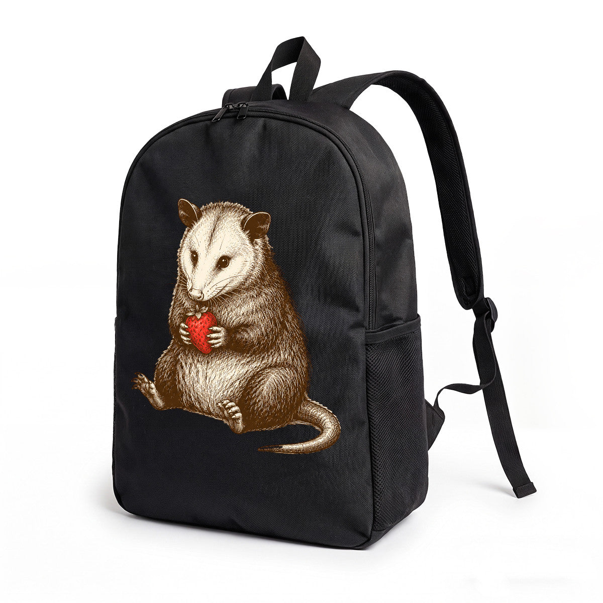 Black Backpack with Opossum & Strawberry Design, Durable High-Density Weave, Perfect for Campus & Commute in California