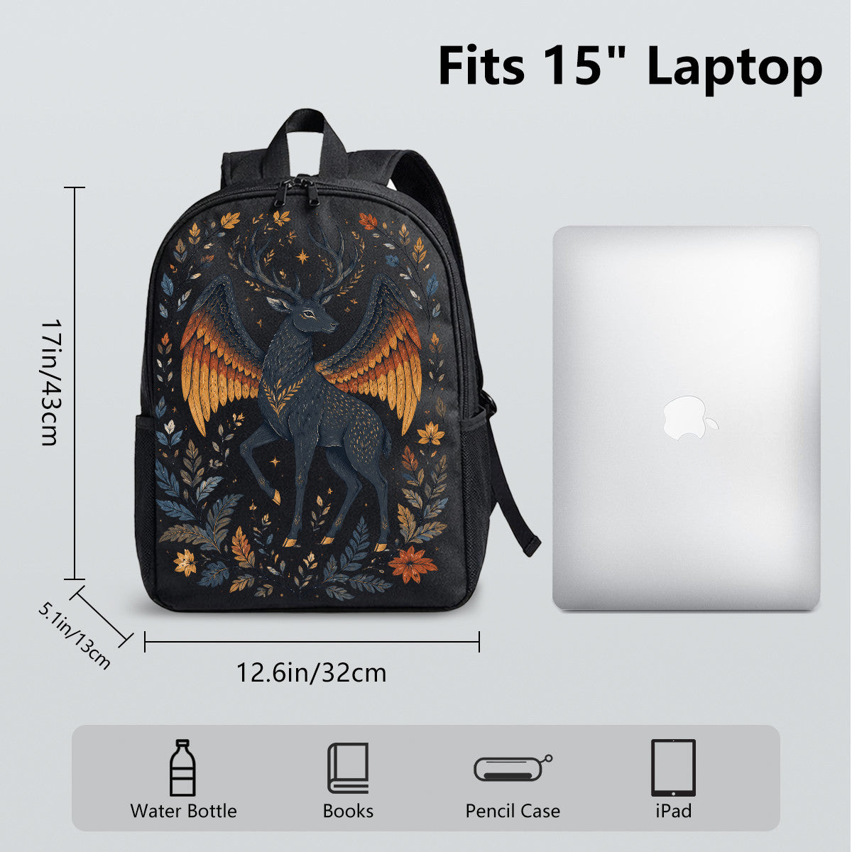 Black Backpack with Majestic Winged Deer Design, High-Density Weave Material, Perfect for Campus & Commute
