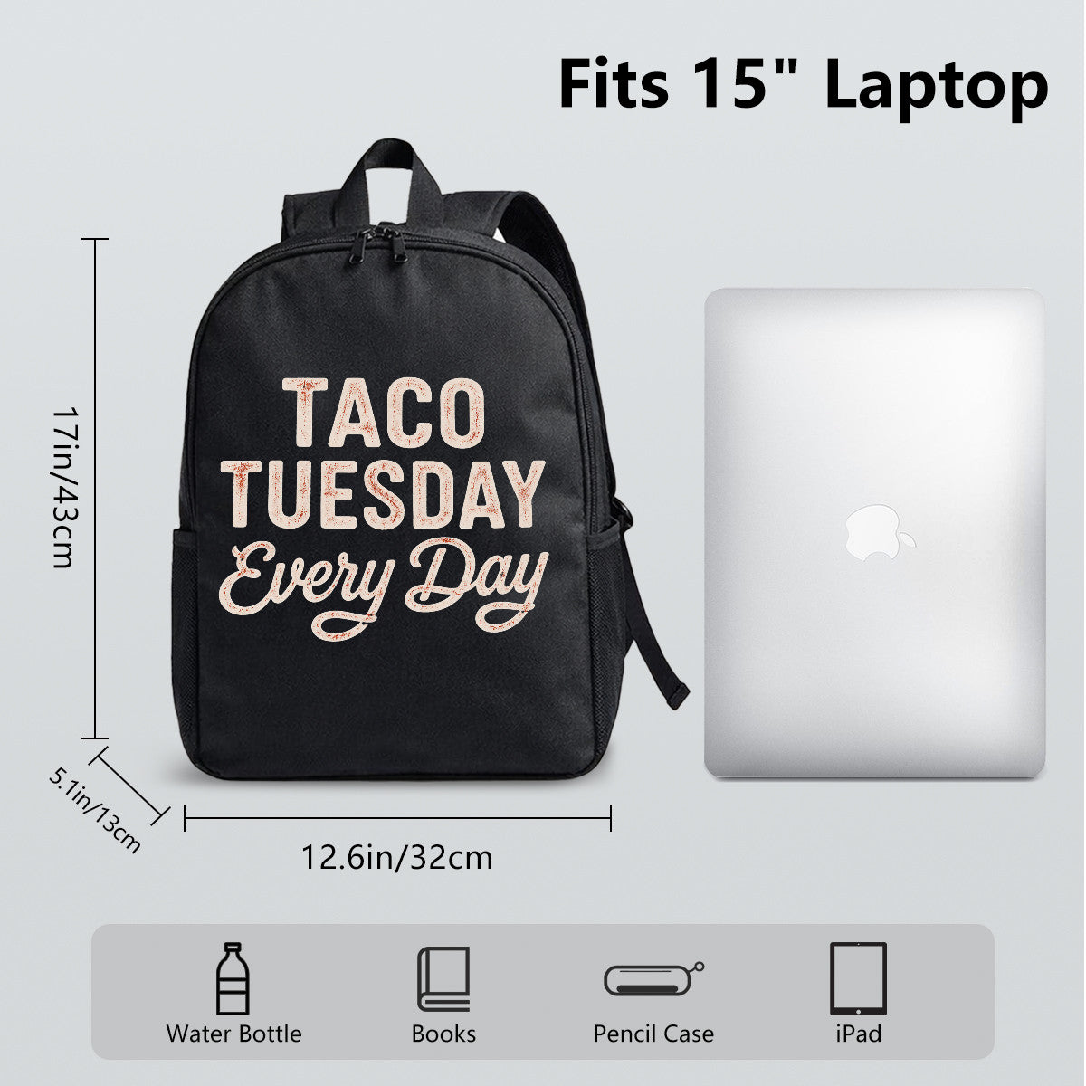 Black Backpack with Taco Tuesday Every Day Print, Durable High-Density Weave for Campus & Commute