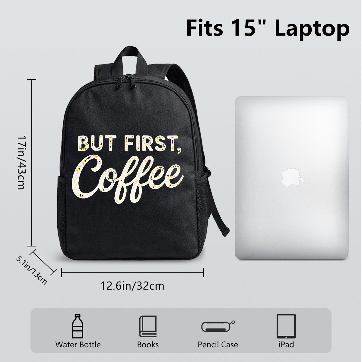 Black Backpack with But First Coffee Design, Durable High-Density Weave for Campus & Commute