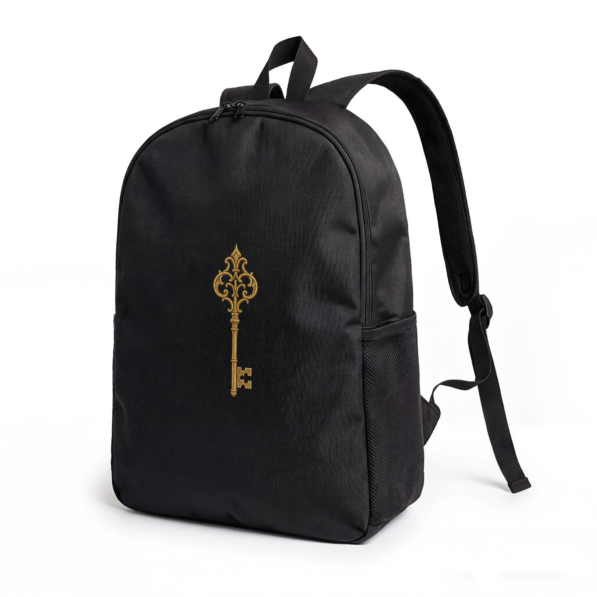 Black Backpack with Golden Key Embroidery, Durable High-Density Weave for Campus & Commute