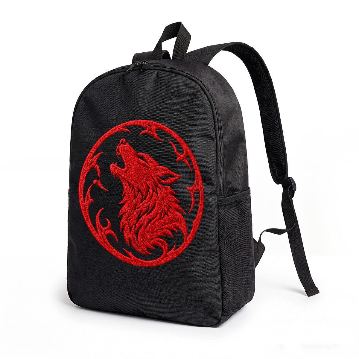 Black Backpack with Red Wolf Embroidery, Durable High-Density Weave, Fits 15" Laptop, Perfect for Everyday Use or Gift