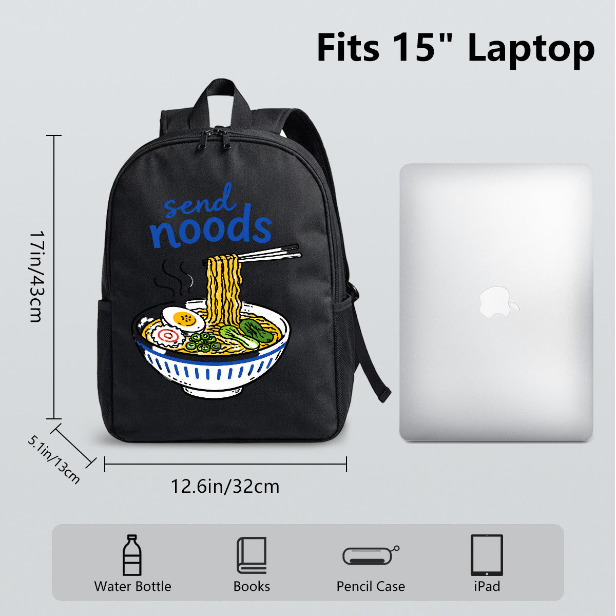 Black Backpack with Noodles Design, Durable High-Density Weave, Campus & Commute Ready