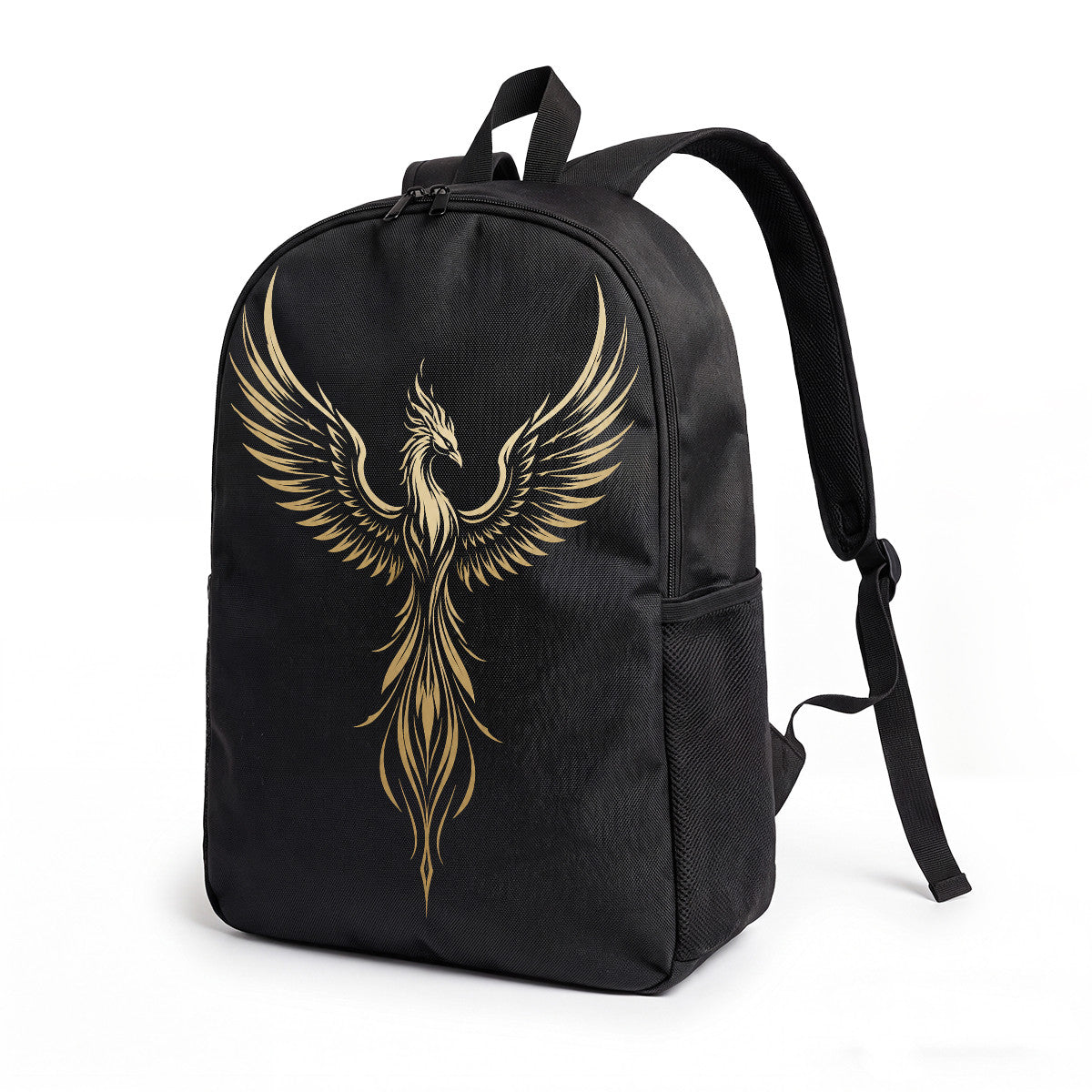 Phoenix Bird Backpack for Campus & Commute - Durable High-Density Weave, Black with Gold Design