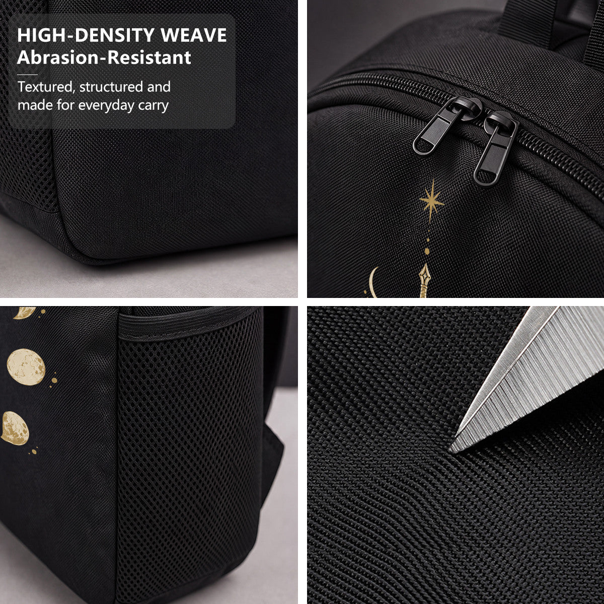 Black Backpack with Golden Sword & Moon Phases Design, Durable High-Density Weave, Campus & Commute Ready