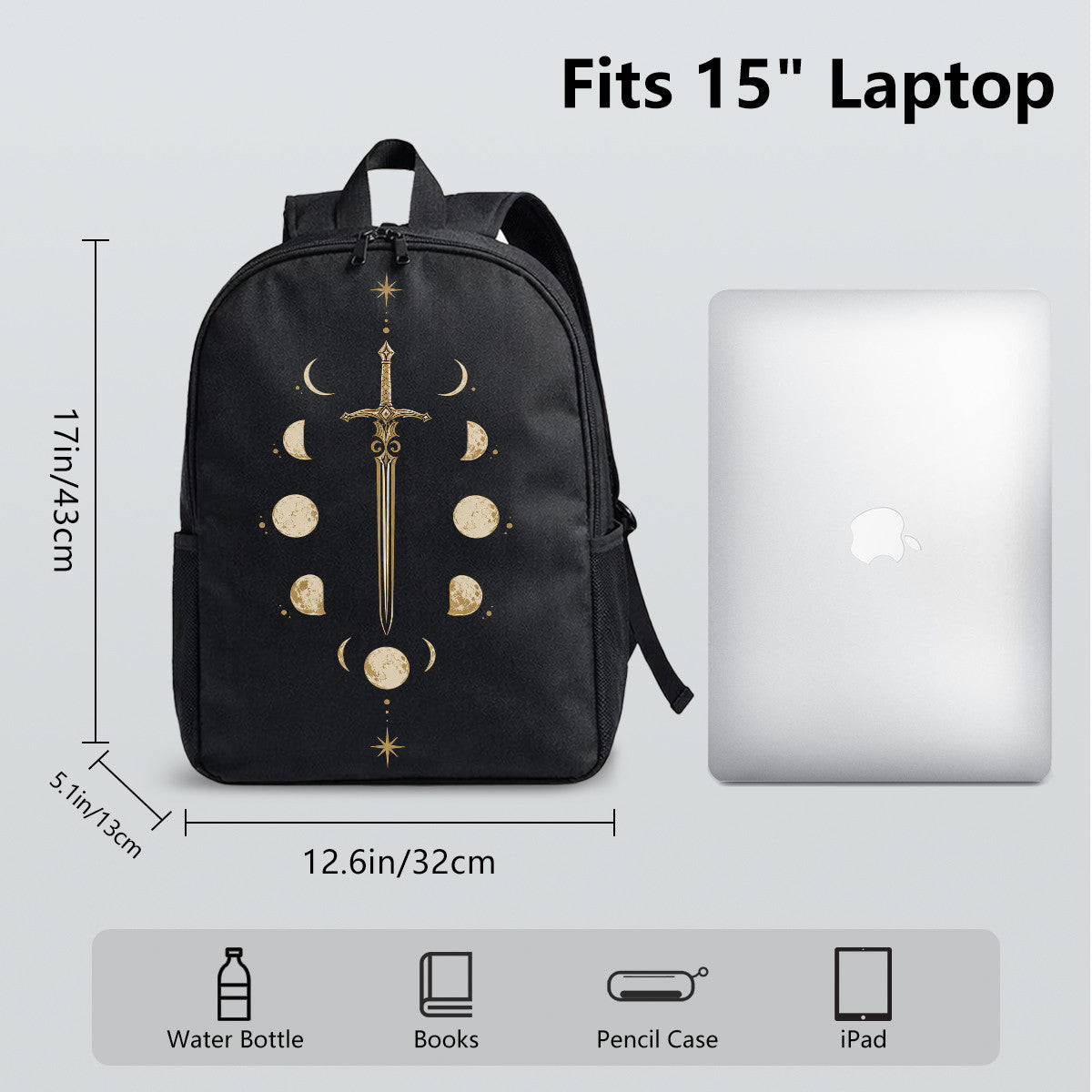 Black Backpack with Golden Sword & Moon Phases Design, Durable High-Density Weave, Campus & Commute Ready