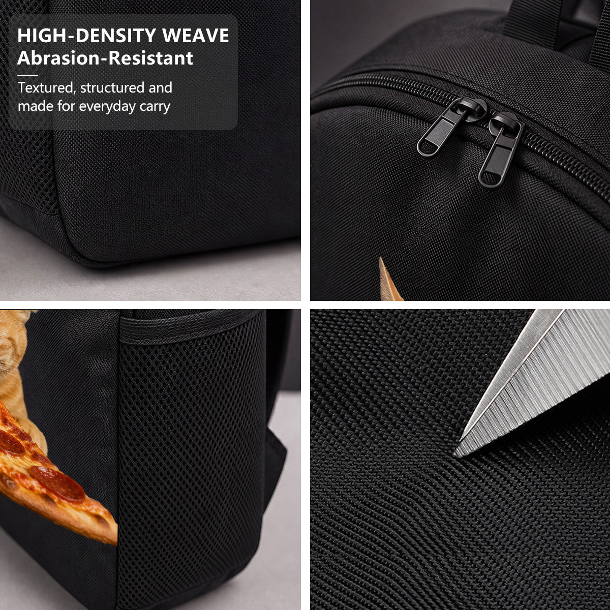 Black Backpack with Cat & Pizza Design, Durable High-Density Weave, Campus & Commute Ready