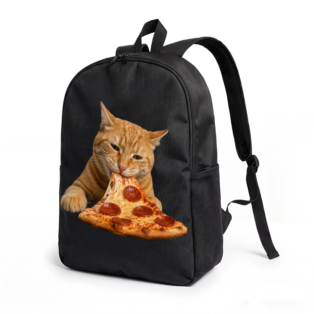 Black Backpack with Cat & Pizza Design, Durable High-Density Weave, Campus & Commute Ready