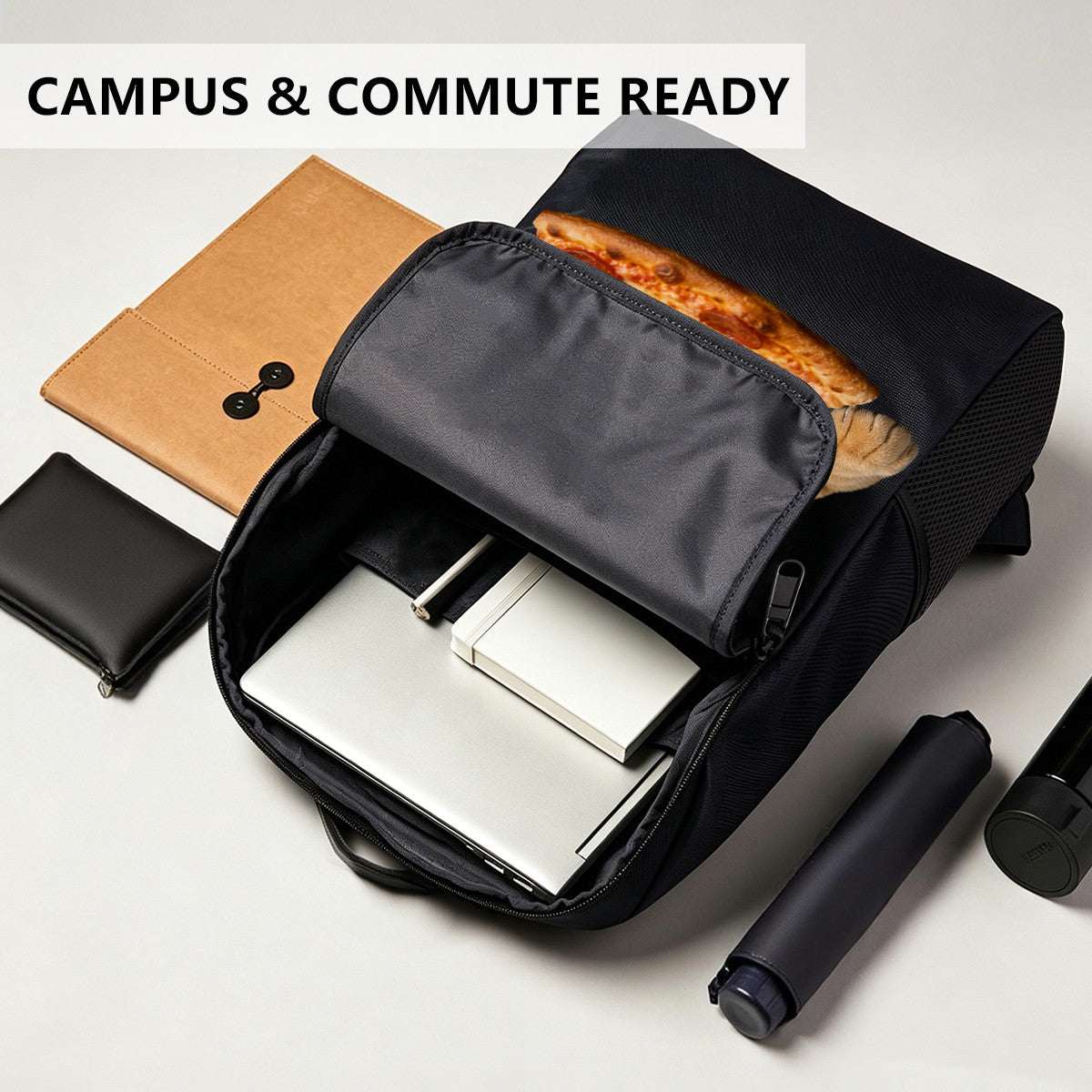 Black Backpack with Cat & Pizza Design, Durable High-Density Weave, Campus & Commute Ready