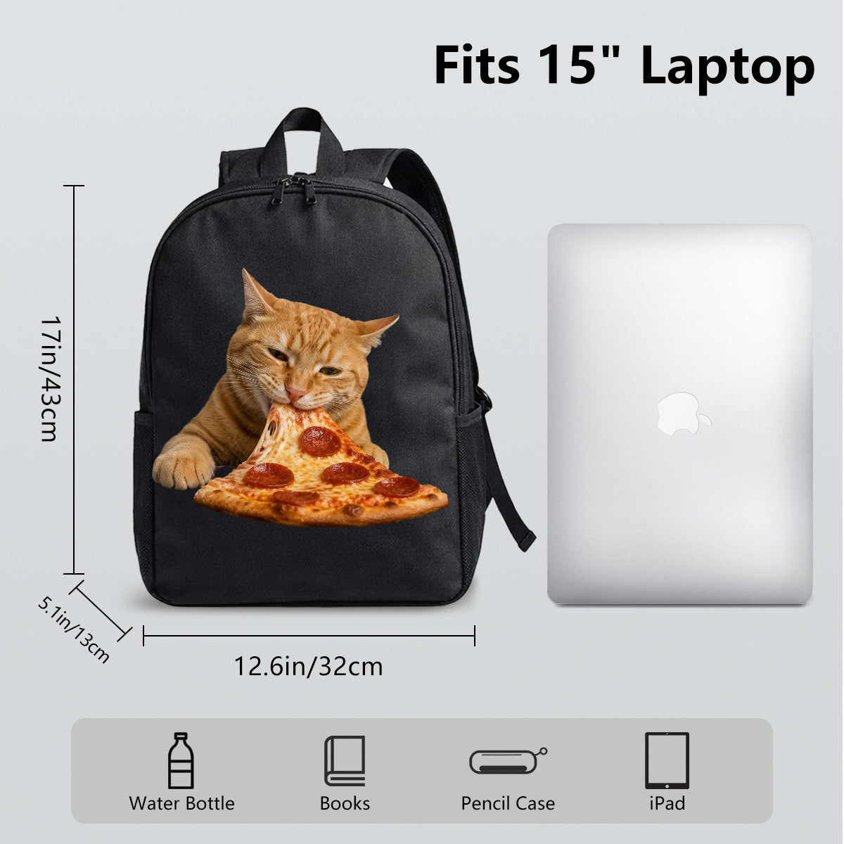 Black Backpack with Cat & Pizza Design, Durable High-Density Weave, Campus & Commute Ready