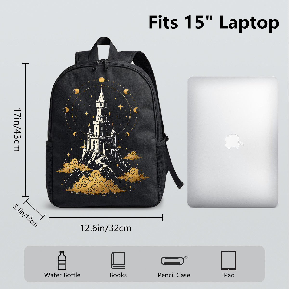 Black Backpack with Golden Castle & Moon Phases Design, Durable High-Density Weave for Campus & Commute