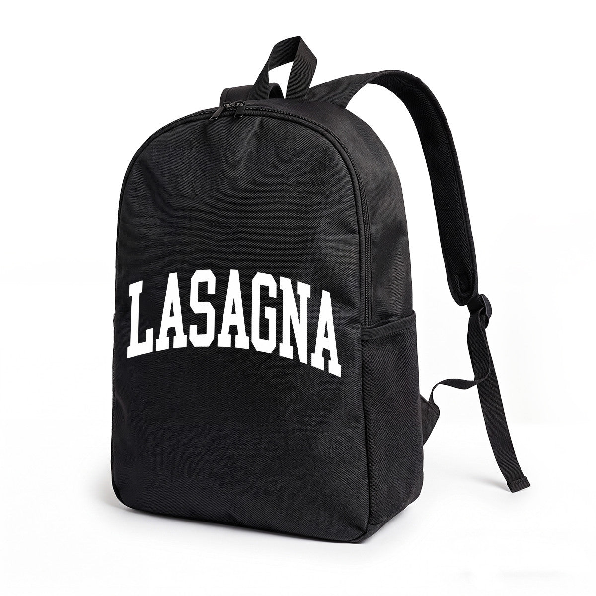 Black Lasagna Text Backpack with High-Density Weave, Campus & Commute Ready