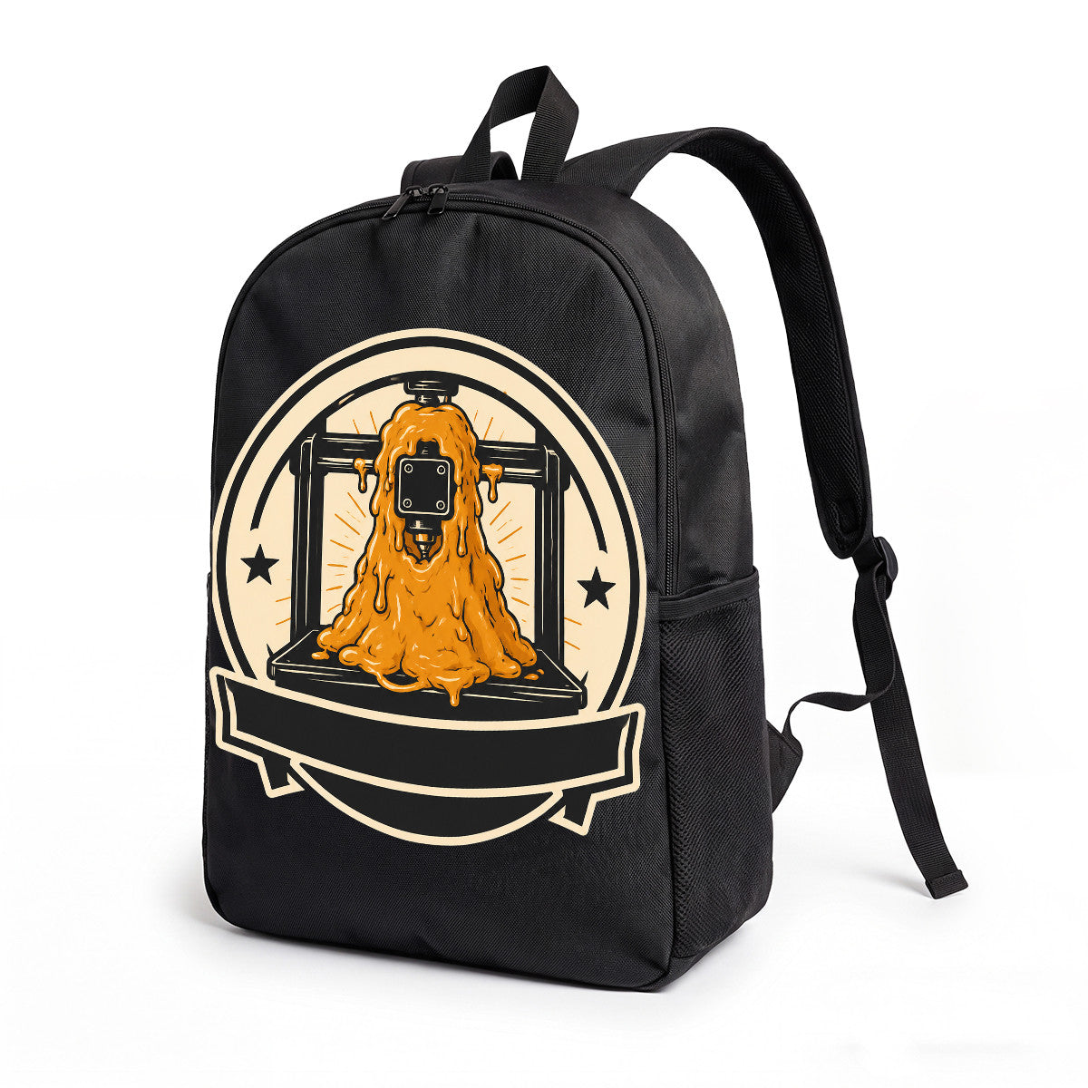 Black Backpack with Orange Melted Figure Design, Durable High-Density Weave for Campus & Commute