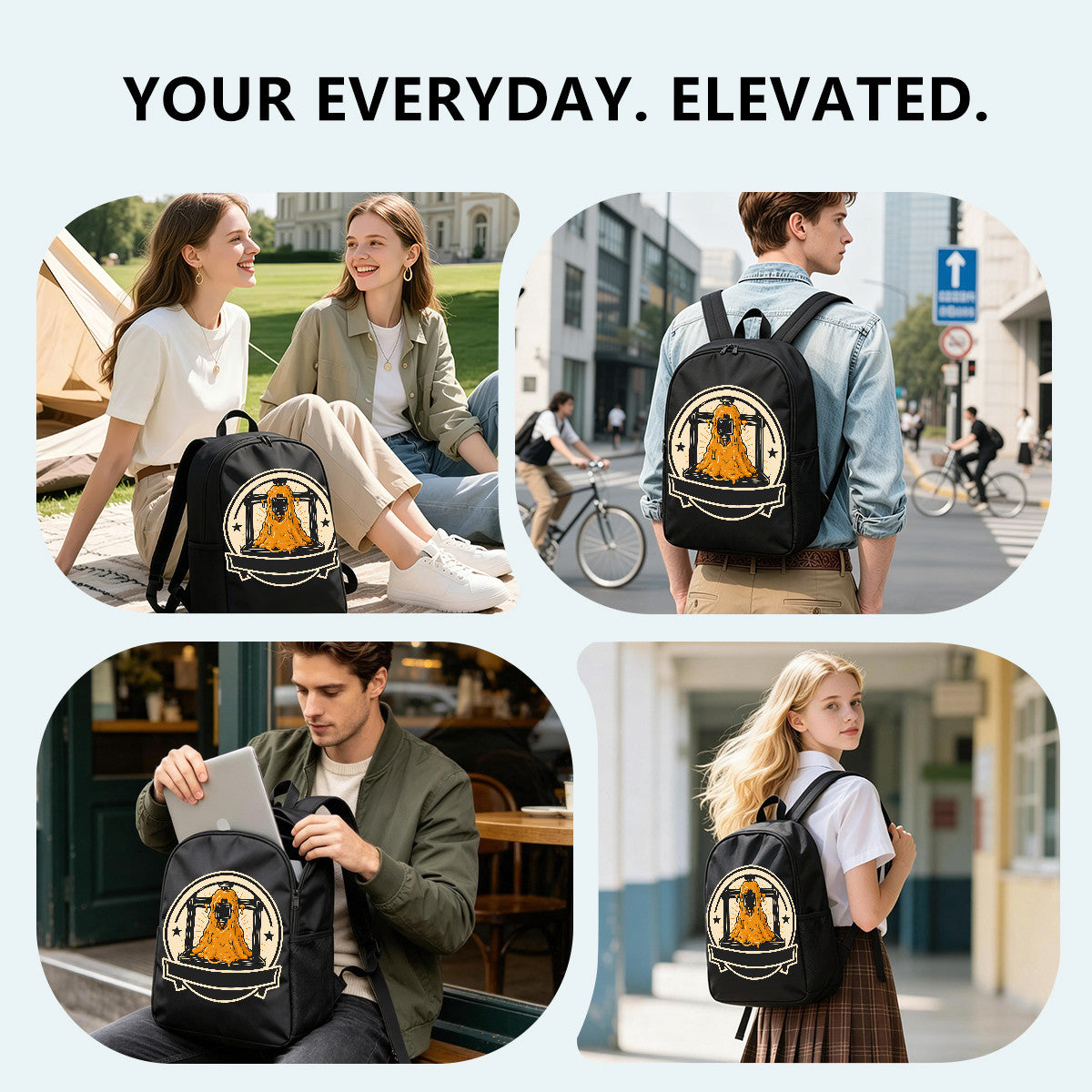 Black Backpack with Orange Melted Figure Design, Durable High-Density Weave for Campus & Commute