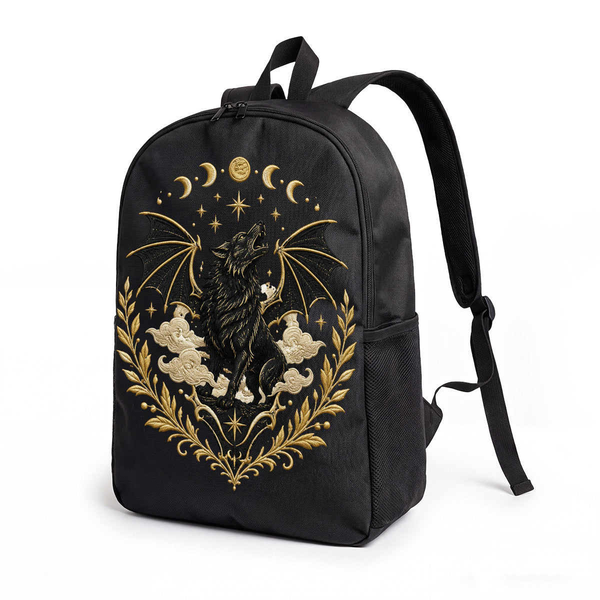 Black Wolf Moon Embroidered Backpack, Gothic Style, High-Density Weave Material, Campus & Commute Ready
