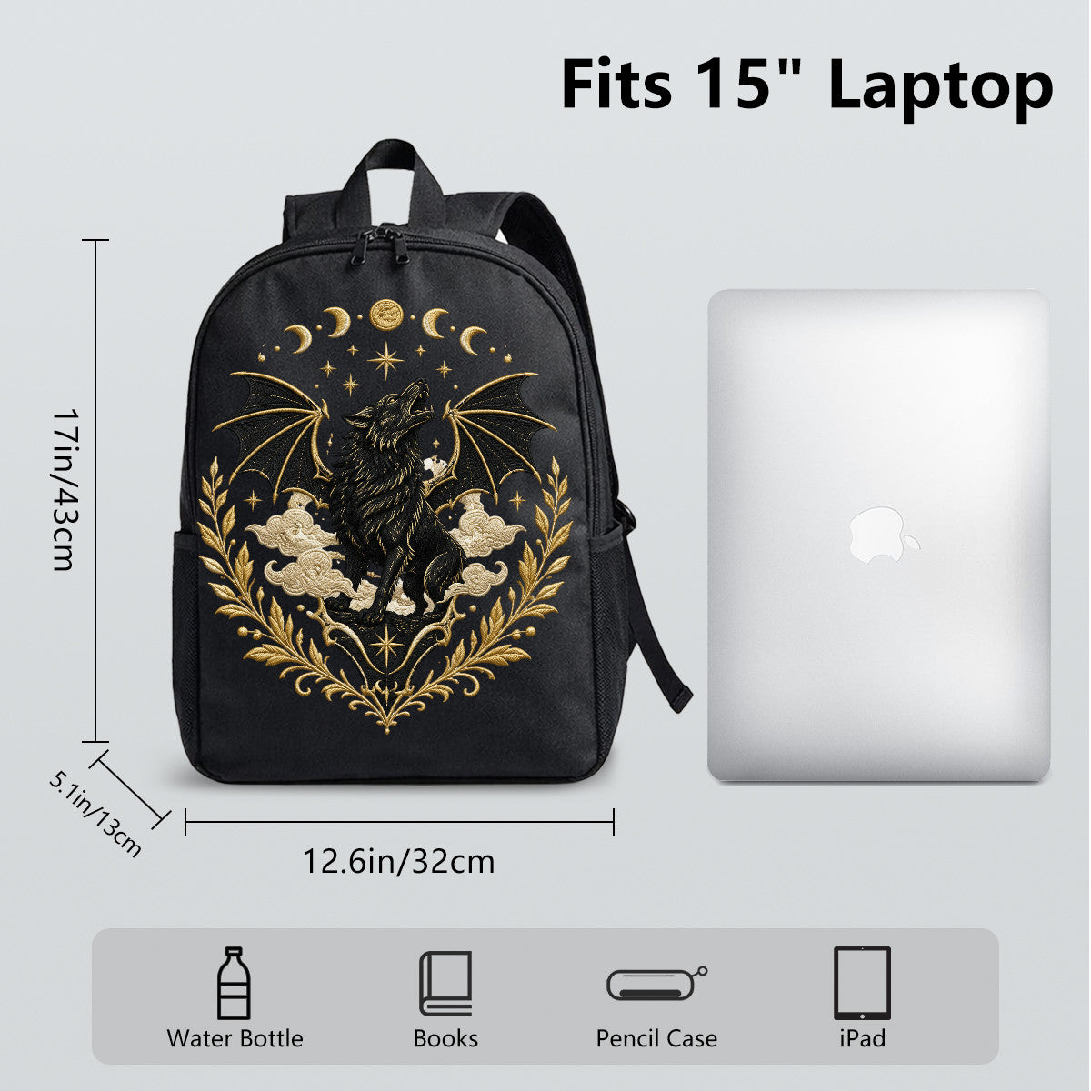 Black Wolf Moon Embroidered Backpack, Gothic Style, High-Density Weave Material, Campus & Commute Ready