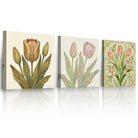 Boho Tulip Floral Framed Canvas Wall Art Set of 3 Neutral Botanical Prints Minimalist Floral Decor for Living Room Bedroom Gallery Wrapped