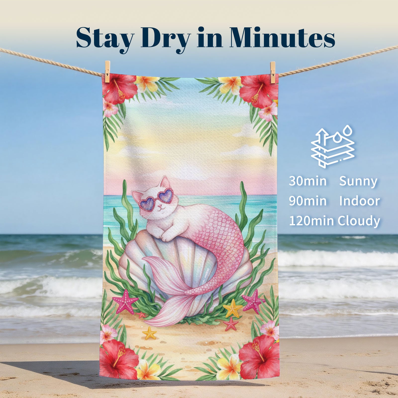 Cute Watercolor Beach Towel Tropical Fairy Tale Quick Dry Summer Gift