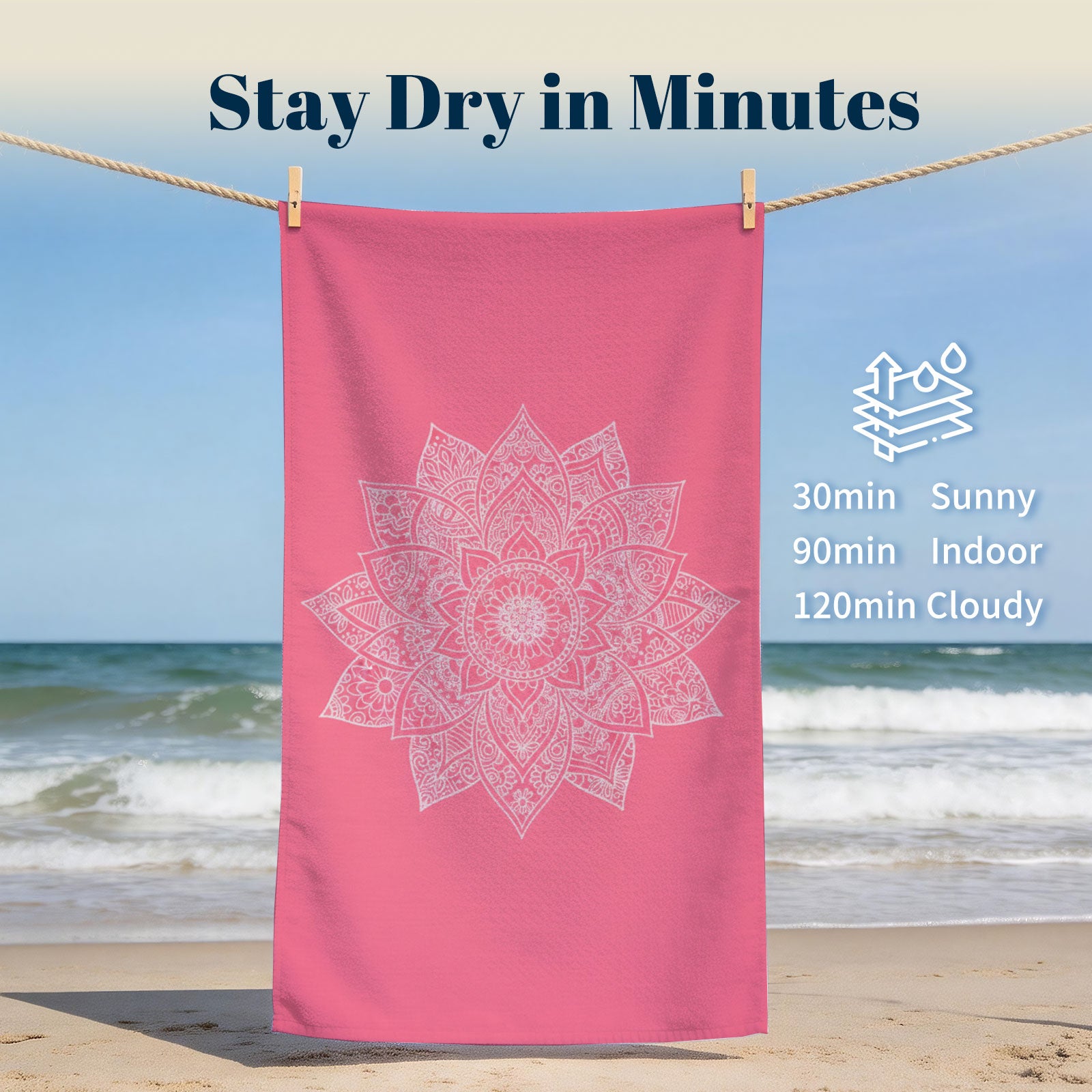 Pink Mandala Beach Towel White Line Art Quick Dry Summer Vacation Gift