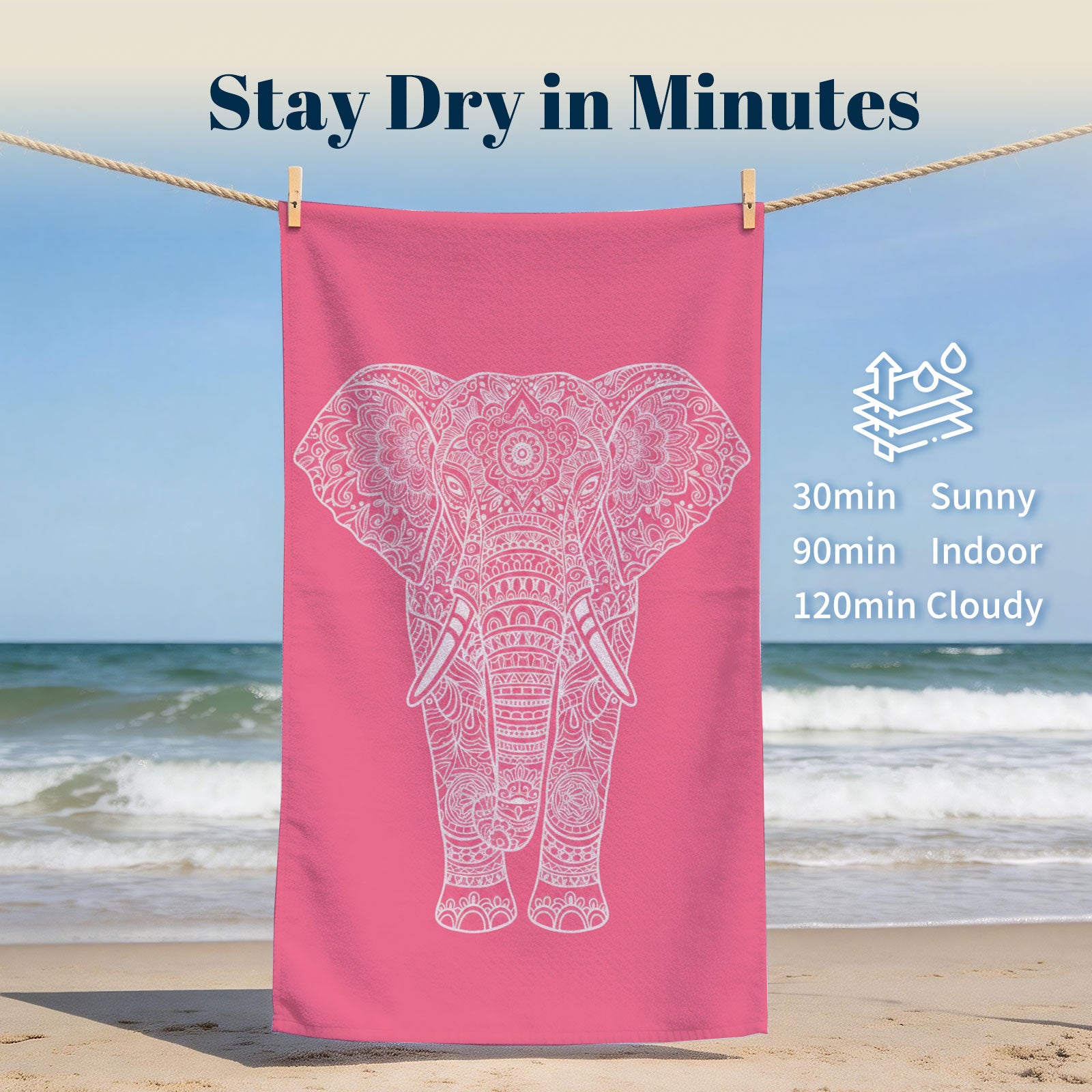 Pink Mandala Beach Towel White Line Art Quick Dry Summer Vacation Gift