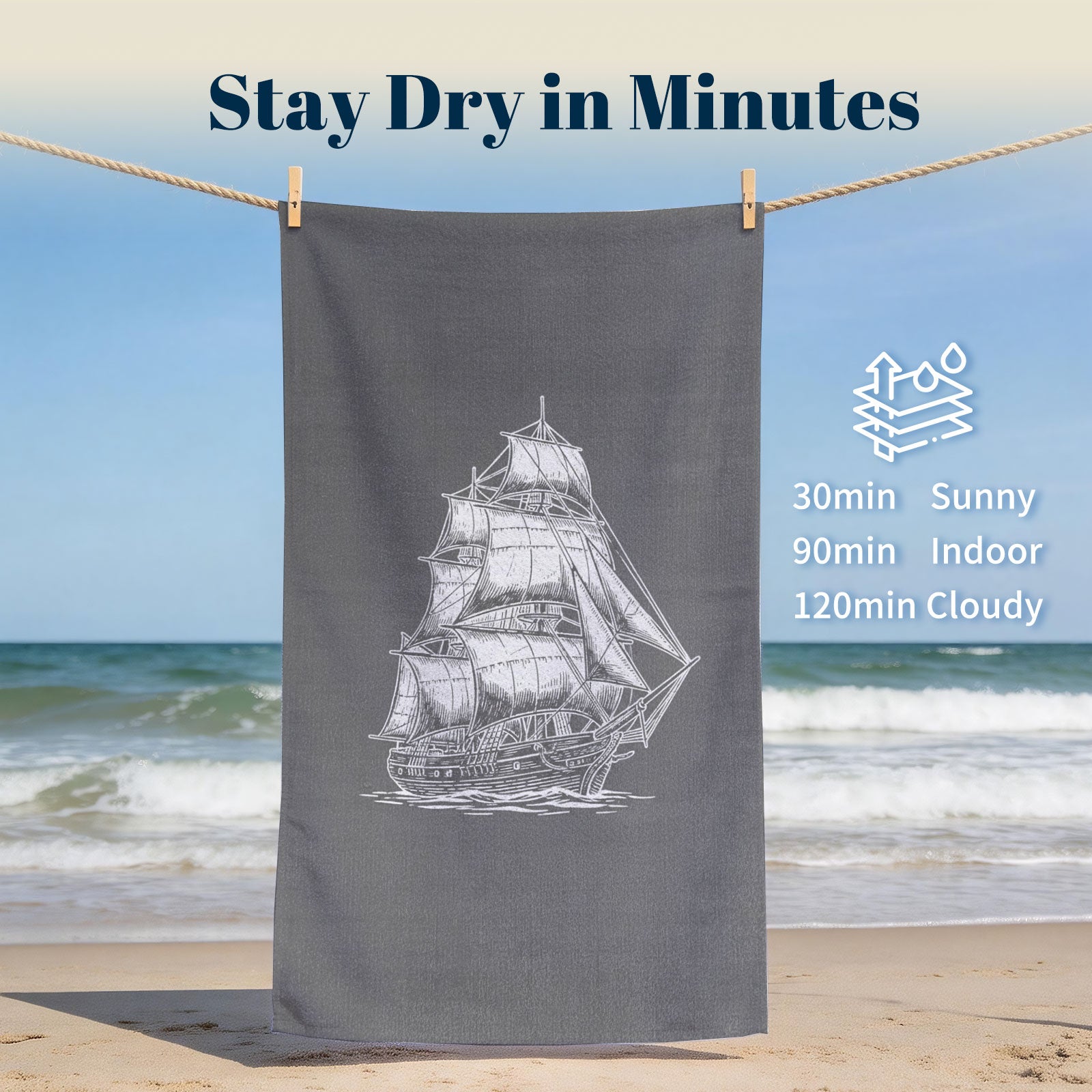 Vintage Nautical Beach Towel Etched Art Quick Dry Microfiber Summer Gift