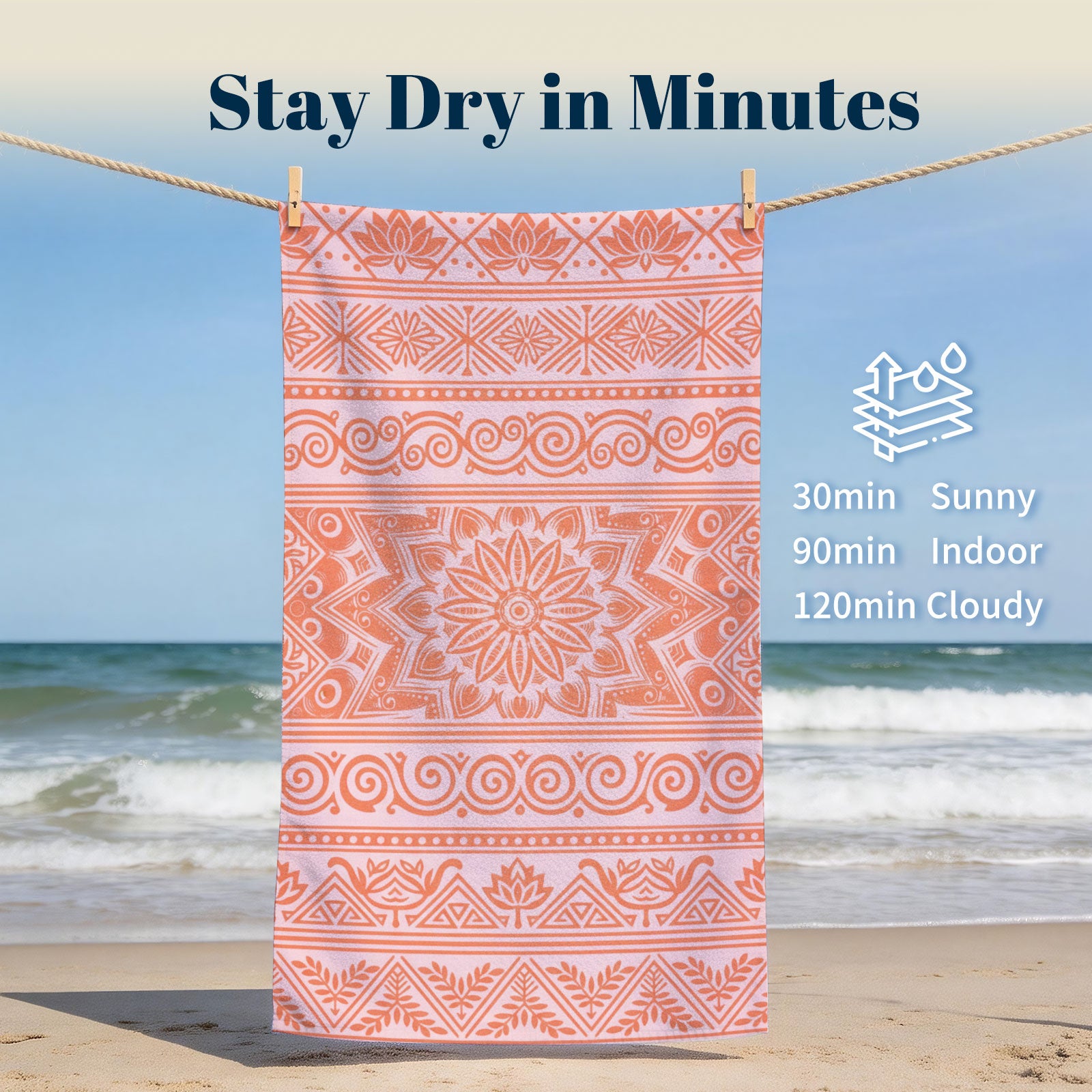 Coral Boho Mandala Beach Towel Peach Line Art Quick Dry Summer Gift