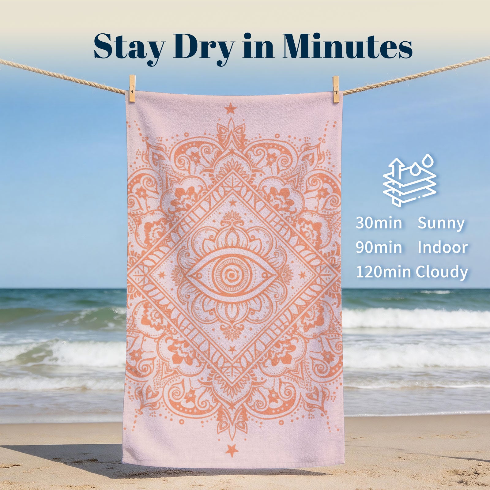 Coral Boho Mandala Beach Towel Peach Line Art Quick Dry Summer Gift
